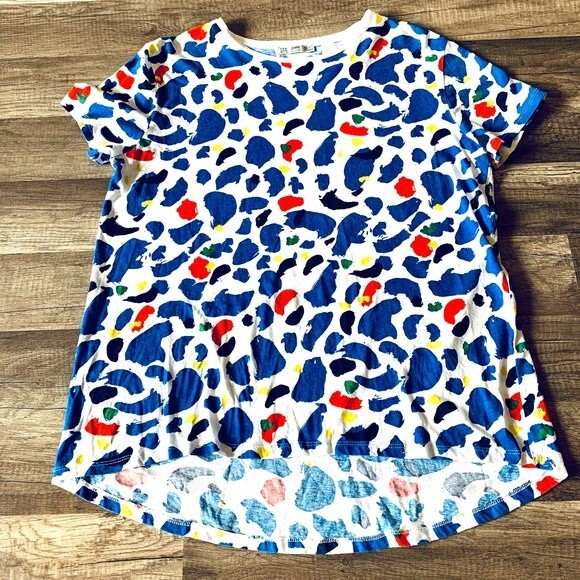 ZARA Collection blue tee women color painterly Brush stroke basic top size M - Picture 1 of 7